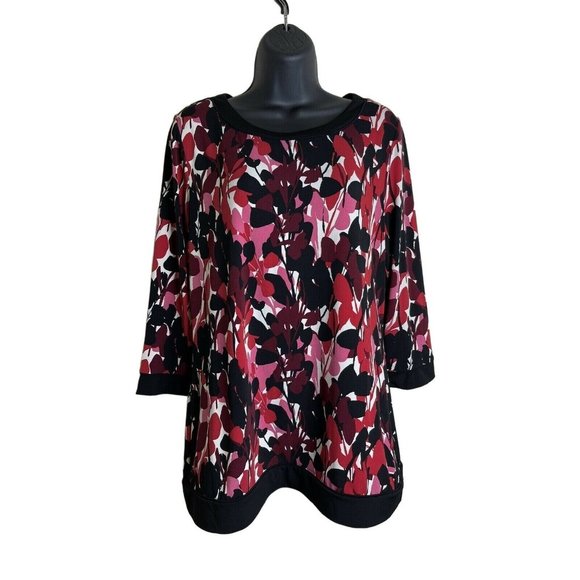 Dana Buchman Top Women Size M Long Sleeve Pink Black White Multi Stretch Blouse - Picture 1 of 9